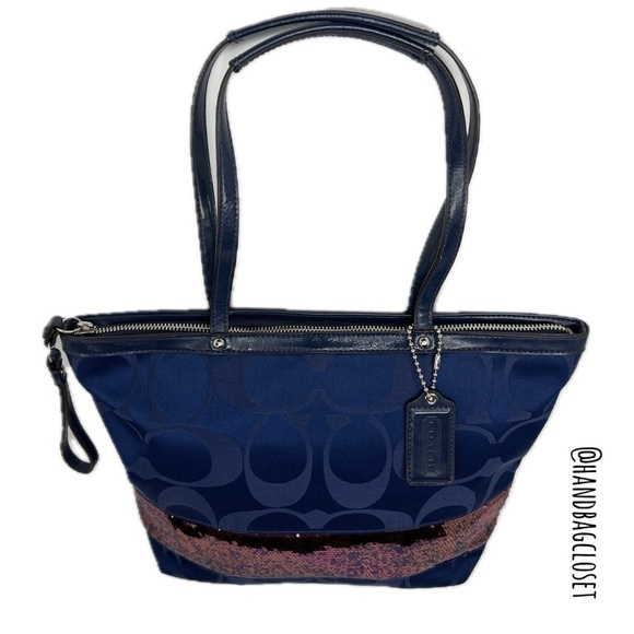 Coach F17574 Signature Tote Handbag Satin Sequins Medium Blue Bag - Picture 2 of 11